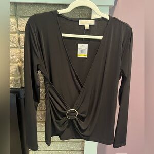NWT MICHAEL by Michael Kors Black Long Sleeve Faux Wrap Top with Gatheri…
